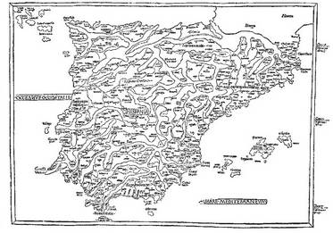 Iberiako penintsulako mapa, Ptolomeoren oholetan oinarriturik Ulmen 1482an argitara emana.<br><br>